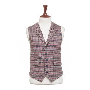 Mens Plaid Check Vest 44R Red Blue Beige Wool Waistcoat XL Western Casual Preppy